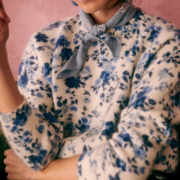 BEST Sezane Amaya Jumper Peonies Blue Ecru Ivory Floral Sweater Kid Mohair Frenc - Picture 3 of 13